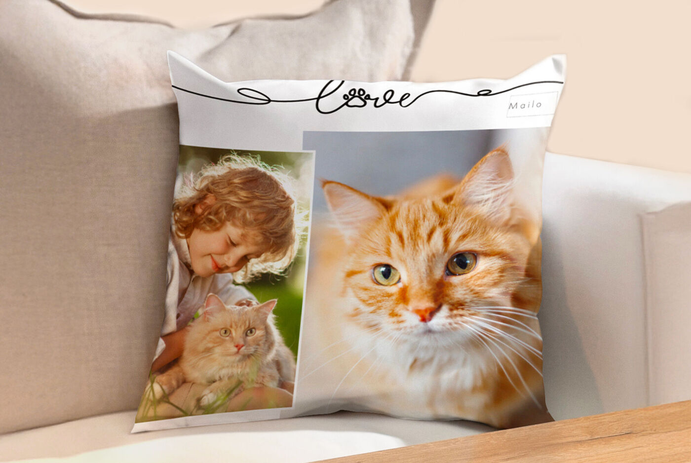 Cojín personalizado con fotos de gatos.